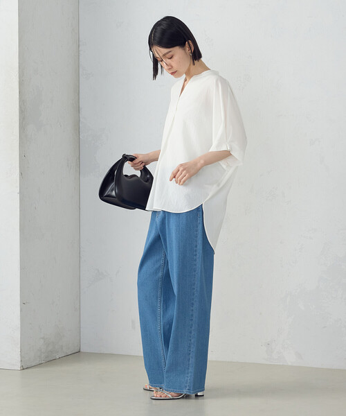 「COMME CA ISM」 半袖ブラウス FREE ホワイト×ネイビー レディース_画像9