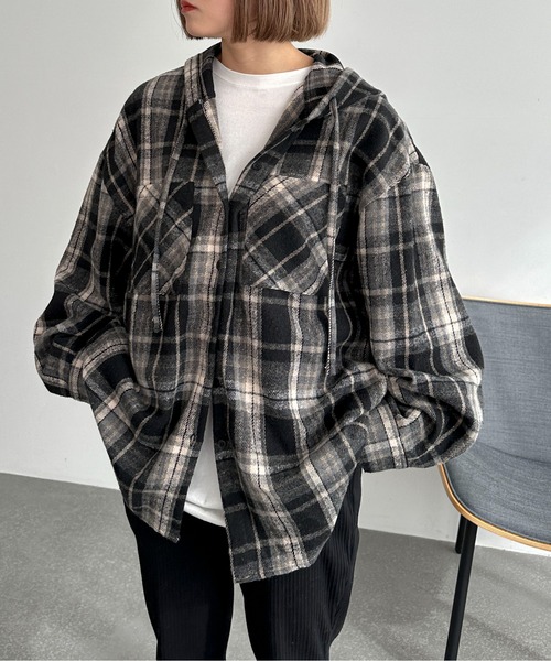 PILIT ブラウス シャツ フードチェックネルシャツ レディース メンズ