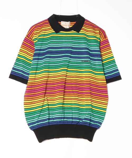 「TRUSSARDI」 ボーダー柄半袖ニット M ブラック メンズ