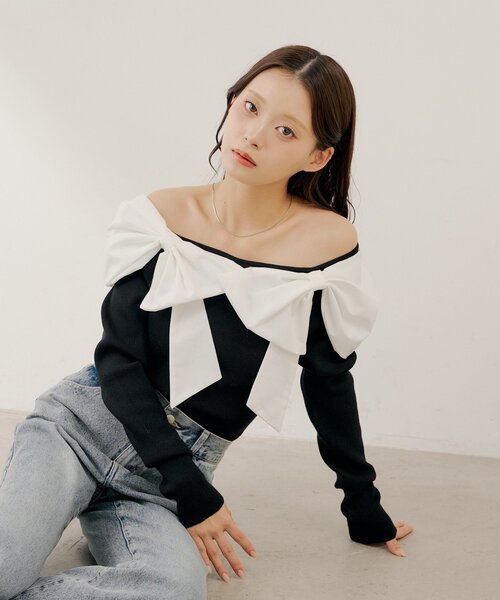 ダブルリボンドッキングニット Chico（チコ） ニット セーター 「SALON by Chico」ダブルリボン