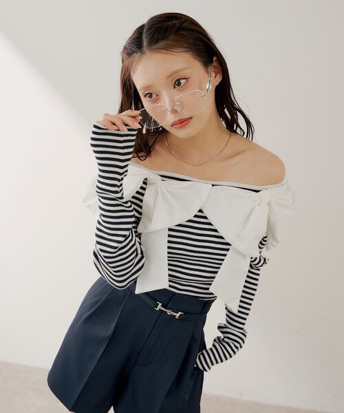 ダブルリボンドッキングニット Chico（チコ） ニット セーター 「SALON by Chico」ダブルリボン