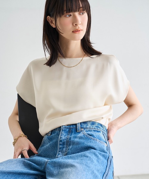 ブラウス シャツ ヴィンテージサテンフレンチスリーブトップス レディースの画像
