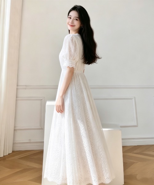 Aelina ワンピース 半袖 Vネックレースパフスリーブワンピース