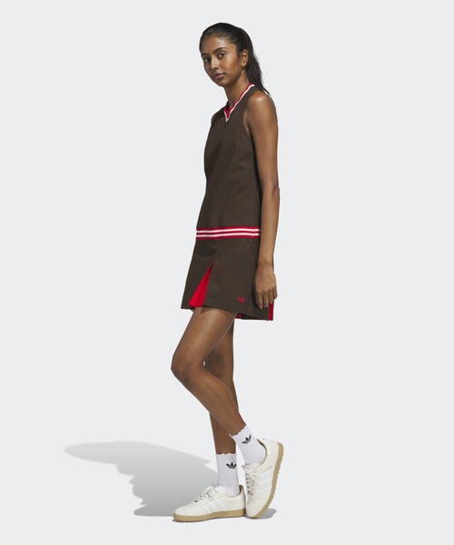 アディダスOriginalsストレッチVネックノースリーブワンピース白緑Ｌ＆帽子 adidas（アディダス） ワンピース オリジナルスゴルフ Vネック