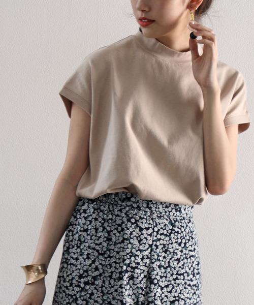 tシャツ ロゴバックプリント　空紡糸ミドル丈無地モックネックTシャツ(半袖) レディース | classicalelf | 08