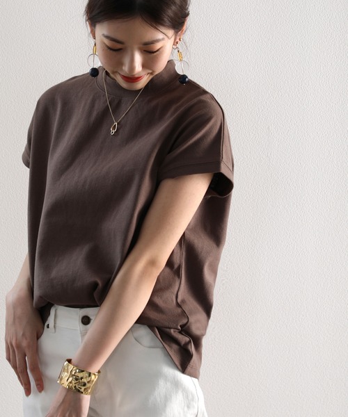tシャツ ロゴバックプリント　空紡糸ミドル丈無地モックネックTシャツ(半袖) レディース | classicalelf | 13
