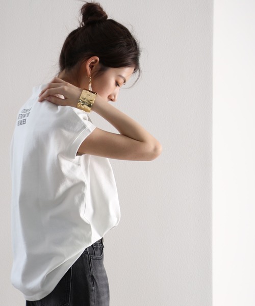 tシャツ ロゴバックプリント　空紡糸ミドル丈無地モックネックTシャツ(半袖) レディース | classicalelf | 05