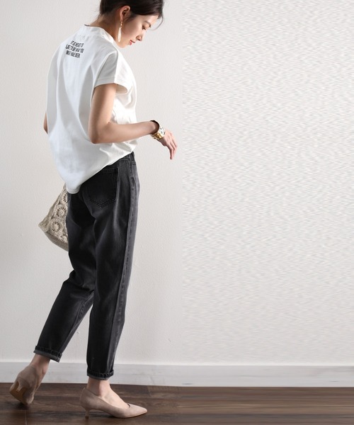 tシャツ ロゴバックプリント　空紡糸ミドル丈無地モックネックTシャツ(半袖) レディース | classicalelf | 03