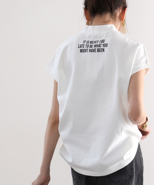 tシャツ ロゴバックプリント　空紡糸ミドル丈無地モックネックTシャツ(半袖) レディース | classicalelf | 21