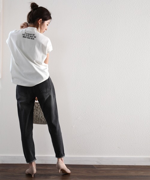 tシャツ ロゴバックプリント　空紡糸ミドル丈無地モックネックTシャツ(半袖) レディース | classicalelf | 06