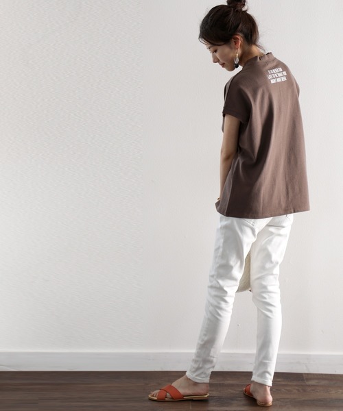 tシャツ ロゴバックプリント　空紡糸ミドル丈無地モックネックTシャツ(半袖) レディース | classicalelf | 11