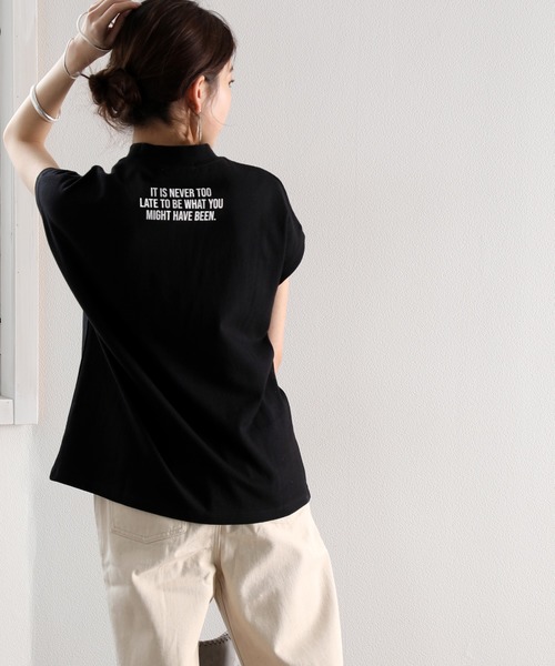 tシャツ ロゴバックプリント　空紡糸ミドル丈無地モックネックTシャツ(半袖) レディース | classicalelf | 17