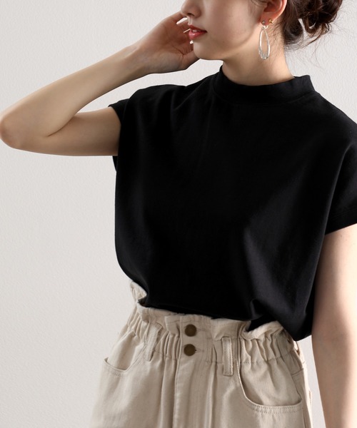 tシャツ ロゴバックプリント　空紡糸ミドル丈無地モックネックTシャツ(半袖) レディース | classicalelf | 18