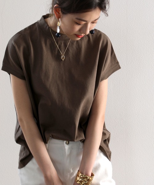 tシャツ ロゴバックプリント　空紡糸ミドル丈無地モックネックTシャツ(半袖) レディース | classicalelf | 19