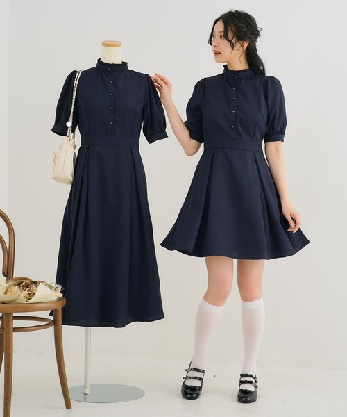 Rilly emulie 半袖 ワンピース ネイビー Newlyme（ニューリーミー） ワンピース 半袖 フリルスタンドカラー