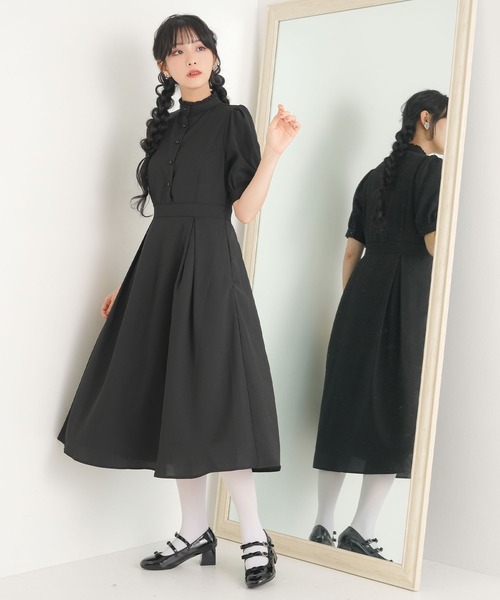 ワンピース　黒　前フリル　スタンドカラー Newlyme ワンピース フリルスタンドカラーワンピース : ZOZOTOWN