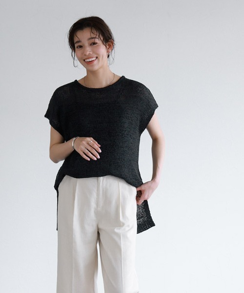 ニット セーター リネンコンフレンチスリーブニット577905 レディース Pierrot ニット セーター テープヤーンフレンチスリーブニット
