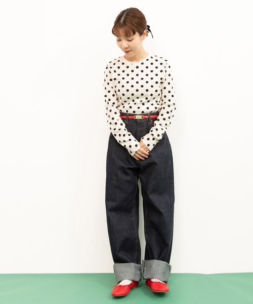 tシャツ フライスドットプリント クルーネック長袖プルオーバー レディース CHILD WOMAN tシャツ フライスドットプリント クルーネック長袖