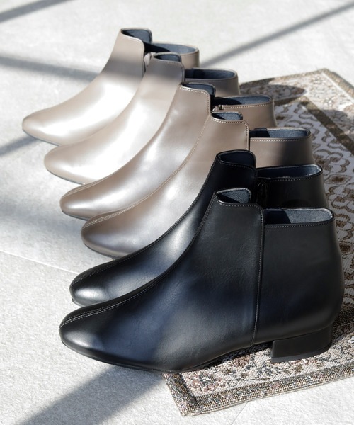 ブーツ 晴雨兼用 スクエアトゥ シンプル ショートブーツ「日本製