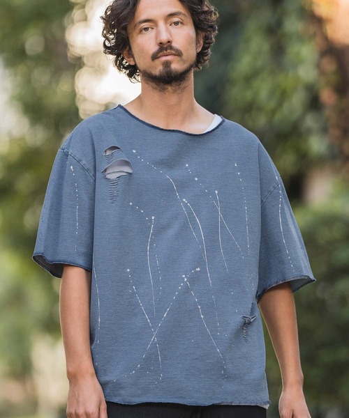 CAMBIO tシャツ msw1414-Paint Distressed Cut off Denim Boat Neck