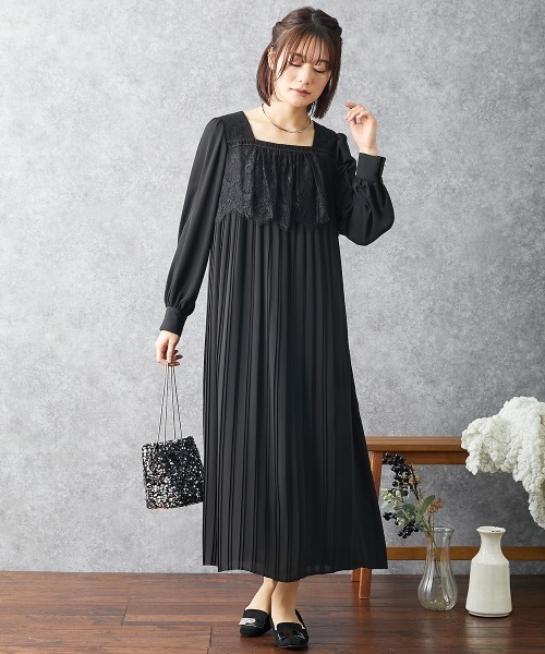 新品☆3L♪紺系♪プリーツ＆レースおしゃれデザインワンピドレス♪結婚式☆A216 Neina ドレス 「結婚式・パーティードレス」フロントレース
