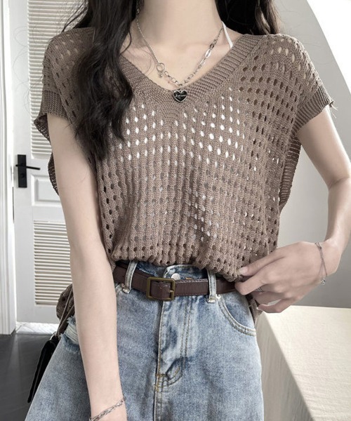 minmiアナイ、メッシュVネック半袖ニット minm様専用iアナイ、メッシュVネック半袖ニット