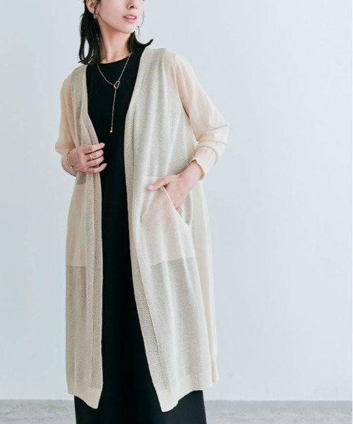 ロシャス ニットカーディガン 長袖 ロング丈 レース シアー シースルー 茶 ロシャス ROCHAS ニットカーディガン 長袖 ロング丈 レース シアー