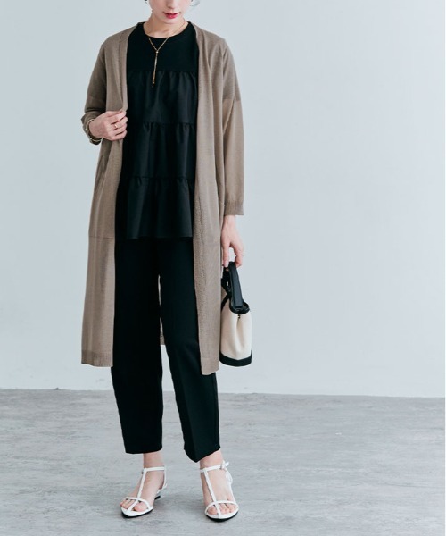 ロシャス ニットカーディガン 長袖 ロング丈 レース シアー シースルー 茶 ロシャス ROCHAS ニットカーディガン 長袖 ロング丈 レース シアー