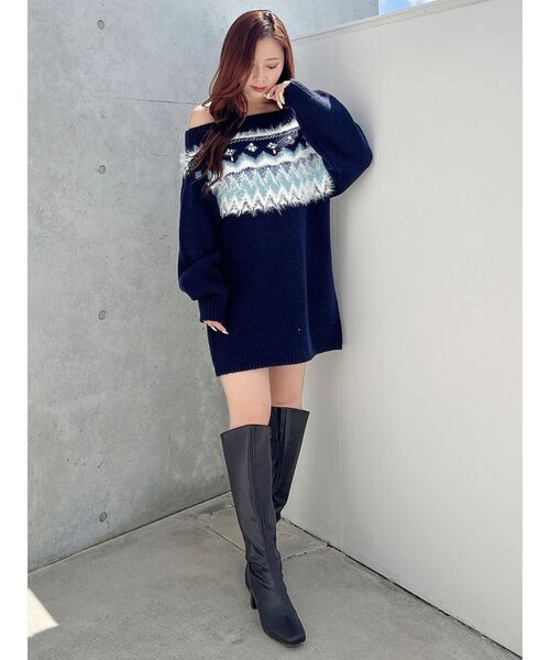 MERCURYDUO ワンピース ノルディック柄オフショルニット