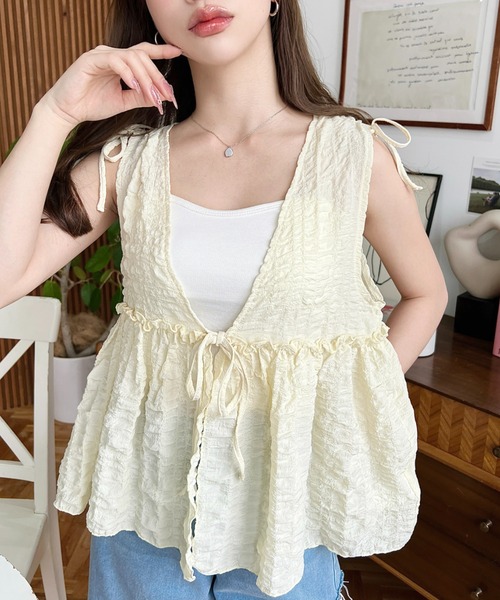 moment+ ベスト ジレ ポコポコチェックショルダーリボンペプラムベスト