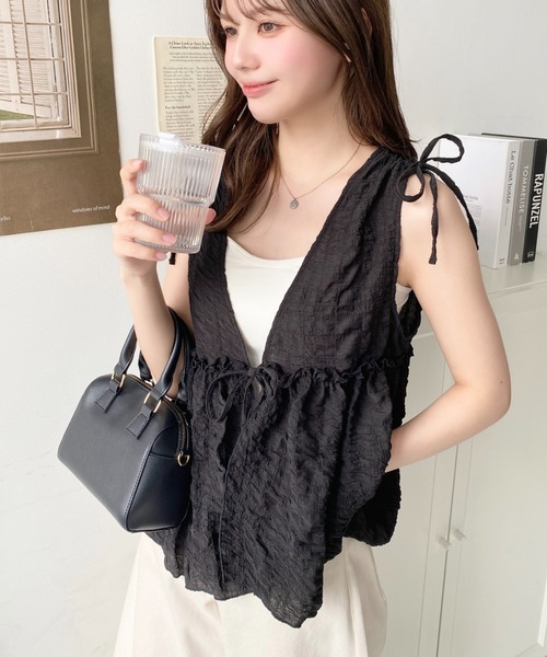 ベスト ジレ ショルダーリボンエコファージレ レディース Fit more ベスト ジレ ショルダーリボンエコファージレ
