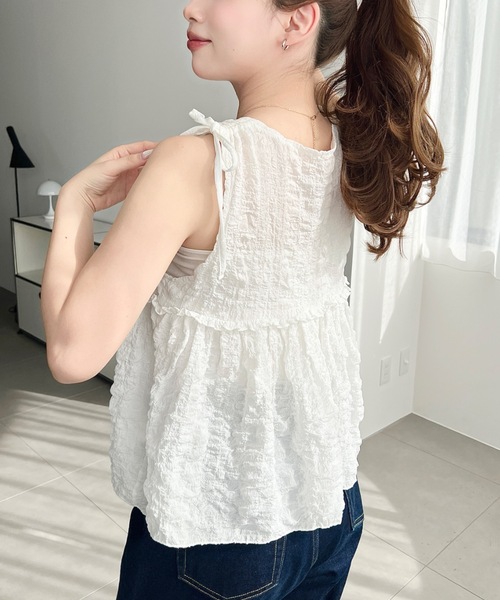 moment+ ベスト ジレ ポコポコチェックショルダーリボンペプラムベスト