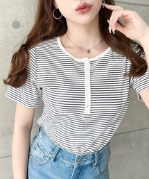 moment+ tシャツ ヘンリーネックボーダー半袖Tシャツ レディース 