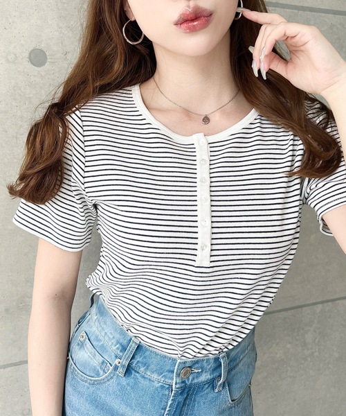 moment+ tシャツ ヘンリーネックボーダー半袖Tシャツ レディース