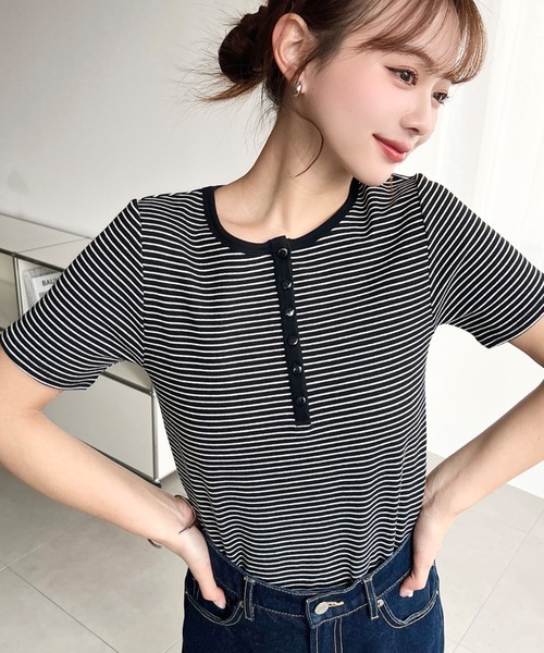 moment+ tシャツ ヘンリーネックボーダー半袖Tシャツ レディース