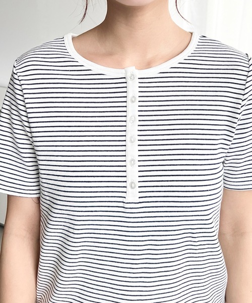 moment+ tシャツ ヘンリーネックボーダー半袖Tシャツ レディース