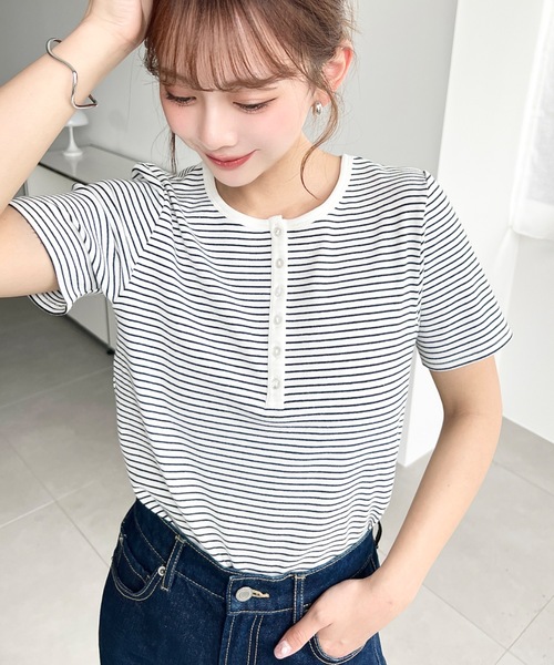 moment+ tシャツ ヘンリーネックボーダー半袖Tシャツ レディース