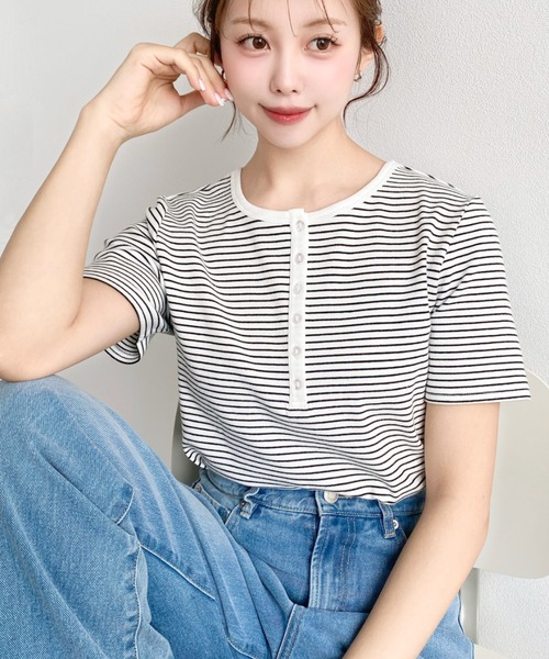 moment+ tシャツ ヘンリーネックボーダー半袖Tシャツ レディース