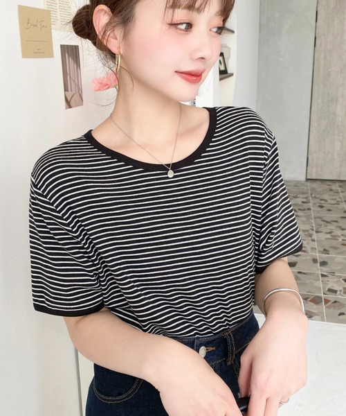 ボーダーヘンリーネック半袖Tシャツ ボーダー ニット 半袖 ヘンリーネック」に該当するレディース