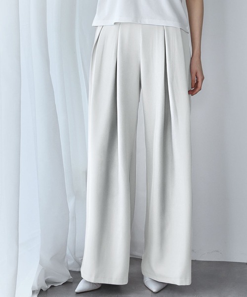 ホワイト ワイドパンツ ハイウエスト LOWO パンツ タック入りハイウエストワイドパンツ レディース
