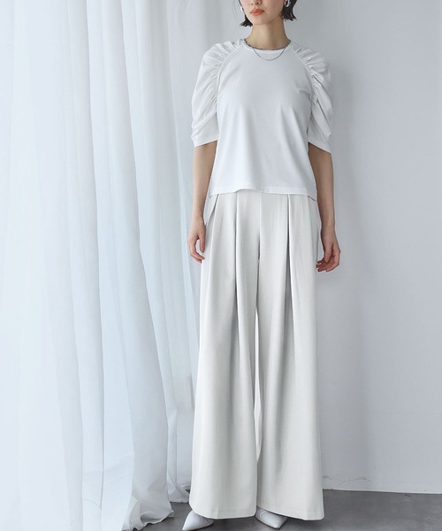 LOWO パンツ タック入りハイウエストワイドパンツ レディース