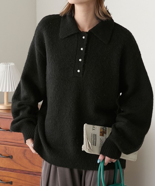 断*3様 ブラックニット パールボタン付き 長袖 BONLECILL（ボンルシール） ニット セーター もちもちパールボタン