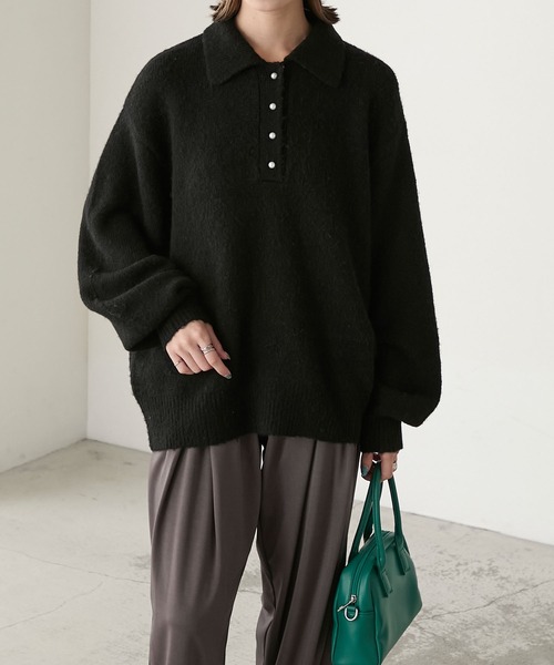 断*3様 ブラックニット パールボタン付き 長袖 BONLECILL（ボンルシール） ニット セーター もちもちパールボタン