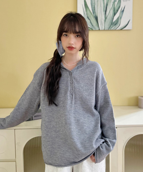 パーカー 「Good Riddance」ヘンリーネック ドロップショルダー ニット