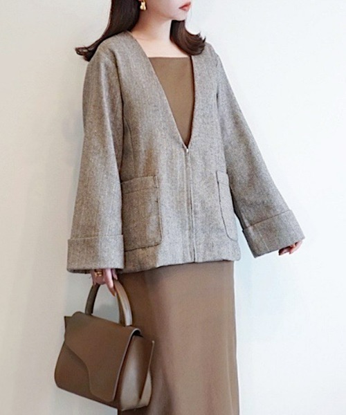 「ECRIRE」 ノーカラージャケット L ベージュ レディース_画像7