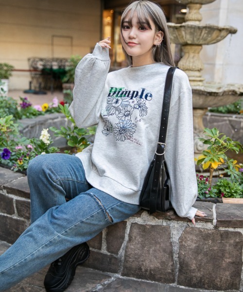 トレーナー スウェット 「花柄ラインアート×刺繍ロゴ」裏起毛