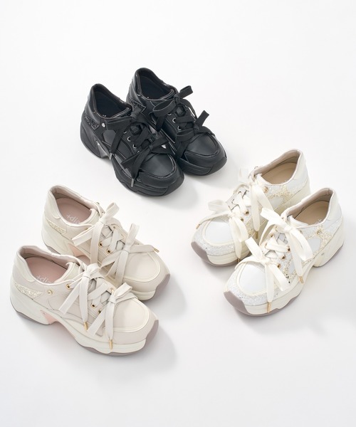 『未使用級』+diana 厚底スニーカー ダブルリボン グリッター ビジュー diana（プラスダイアナ） スニーカー ビジュー付き ダブルリボン厚底