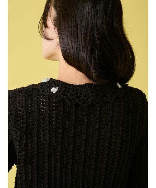 美品♡L.B CANDY STOCK♡リリーブラウン♡ビジュー♡カーディガン L.B CANDY STOCK]クロシェ編みビジューニットカーディガン