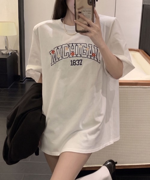 SpRay（スプレイ） tシャツ 半袖 MICHIGAN花刺繍Tシャツ レディース