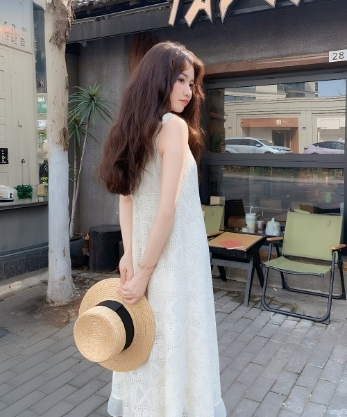 Aelina ワンピース レース切り替えチュールノースリーブワンピース